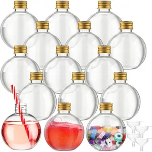 15 Pcs 6 oz Spherical Plastic Potion Bottles Ball Shape Sand Art Bottles with Funnel Christmas Cocktail Ornament Balls Candy Jar for DIY Wedding Party Crafts Decoration (Gold, Aluminum Cap)