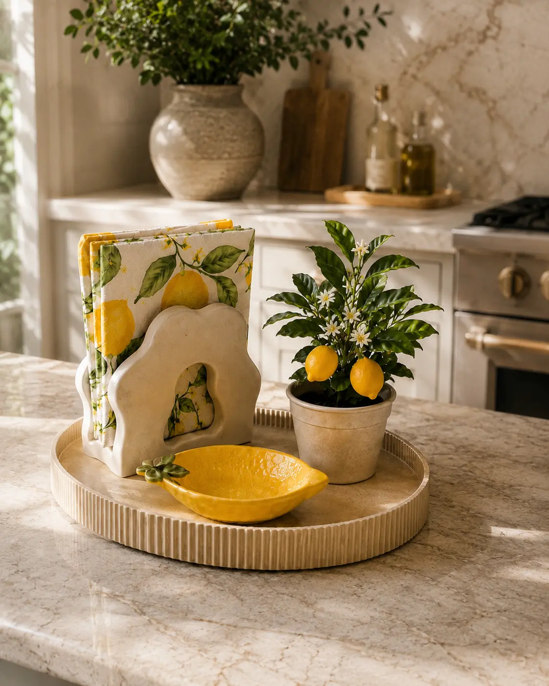 Lemon-themed Kitchen Decor Set with Lemon-shaped Bowl and Lemon-printed Napkins on a Round Tray