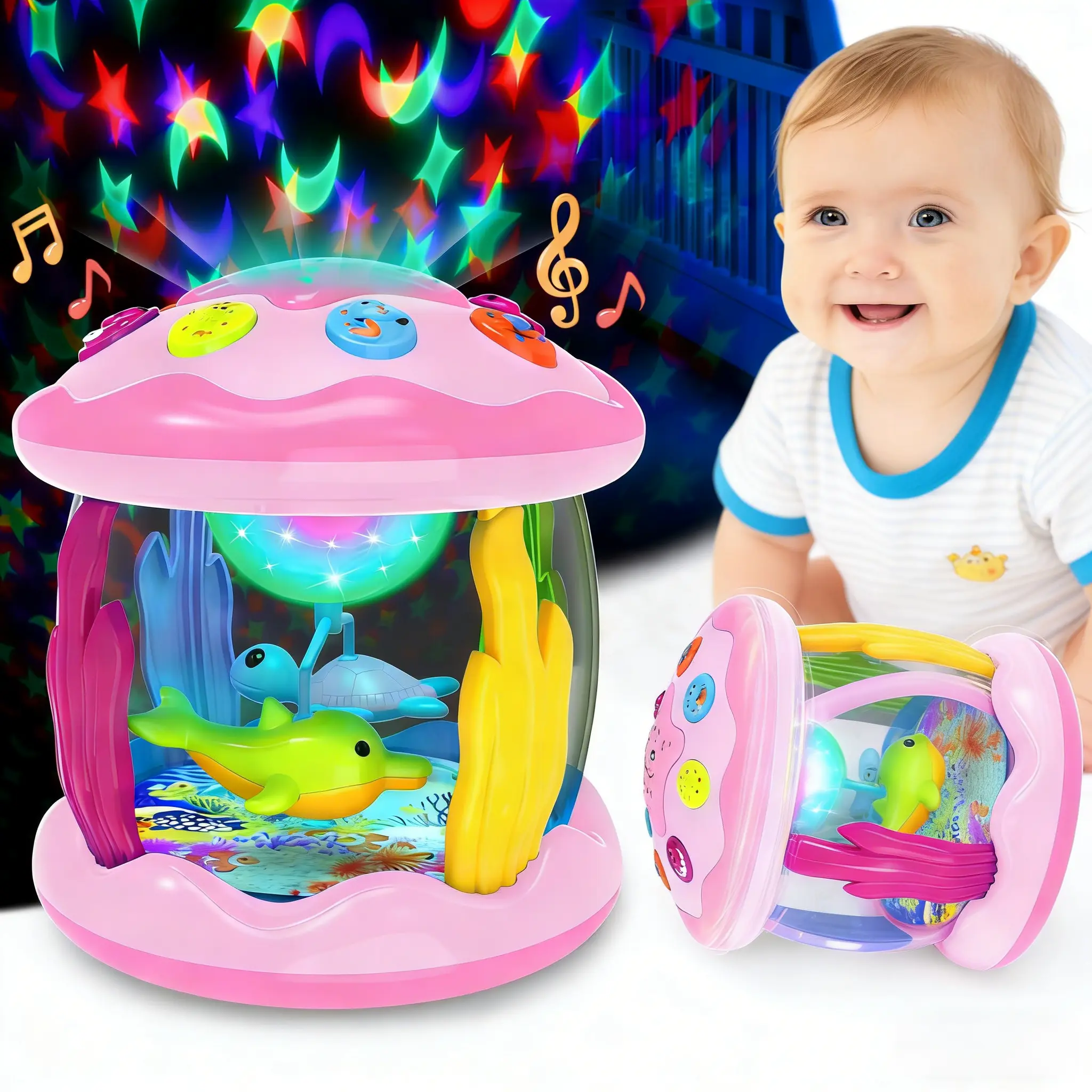Musical Light Up Rotating Toys, Ocean park rotating projector,Pink Ocean Projector for Infant 9-12-18 Month, Learning Visual & Hearing & Crawling Skill, Birthday Gifts for Toddler Boys Girls 1 2 3 Years Old, Rotating Led Light-Up Fantasy Creatures