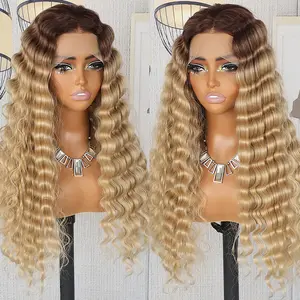 QD-Tizer Ombre Blonde Deep Wave Curly Long Curly Hair Wigs 13x4 Synthetic Lace Front Wig Middle Part Pre Plucked Two Tone Color Synthetic Wigs 26inches