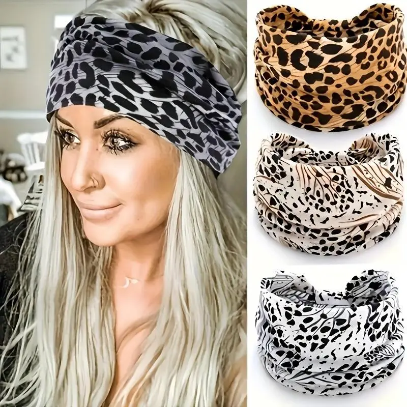 4 Bohemian style leopard print wide headbands designed specifically for women - featuring an elastic twist design, suitable for creating a headscarf style look. Offering a variety of color options, it is the perfect accessory for daily matching.