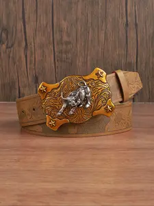Women's Vintage Cow & Star Carved Buckle Belt, Western Style Flower Pattern Belt for Daily Clothing Decor, Trendy All-match & Exquisite Belt for Birthday Gift