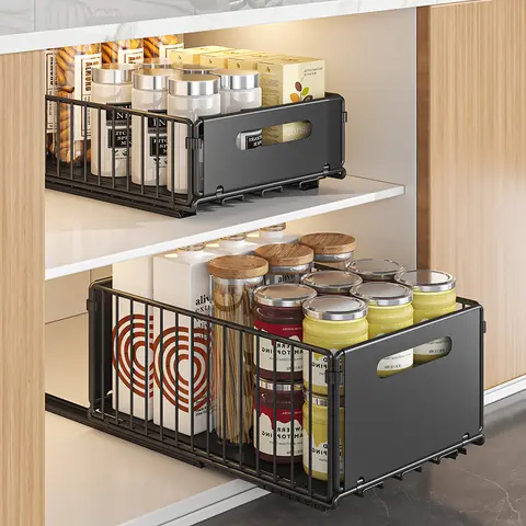 Seashark Carbon Steel Pull Out Cabinet Organizer - Heavy Duty Organiser, Anti-Rust Coating, Smooth Slide Foldable Basket, No-Drill Easy Installation, Space Saving Storage, Dual Sizes Square, Multiple Packs, Home Supplies, Pantry Org, Storage Organization