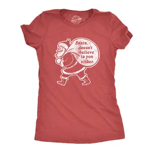 Womens Santa Doesn't Believe In You Either T Shirt Funny Christmas Party Holiday Novelty Tee Funny Womens T Shirts Cute Vintage Fashion Casual Ladies T-Shirt Gift Christmas Tops for Women Women's Novelty Tees Red