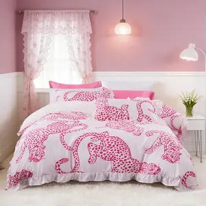 5-Piece Fashion Sweet  Pink Leopard Ruffle Bedding Duvet Cover Set with Satin Pillowcases, Soft & Comfortable, No Comforter & Pillow Insert, Ideal for Girls Bedroom Perfect Gift Bed Sets
