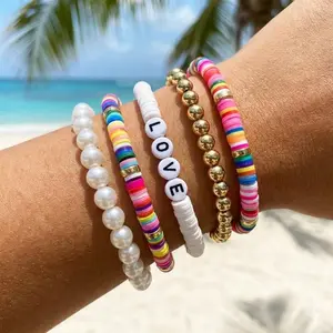 Adjustable Sliding Knot Bracelet Set, Bohemian Beaded Stackable bracelets for Women, Summer Beach Elastic Stretch clay Bead Anklets, Friendship jewelry gifts
