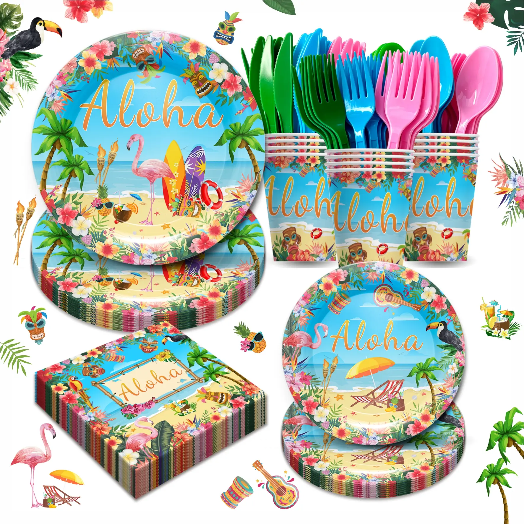168pcs Hawaiian Aloha Party Decorations Supplies, Luau Tropical Birthday Party Plates, Summer Beach Holiday Party Paper Plates, Napkins, Cups,Tableware Set, Serves 24