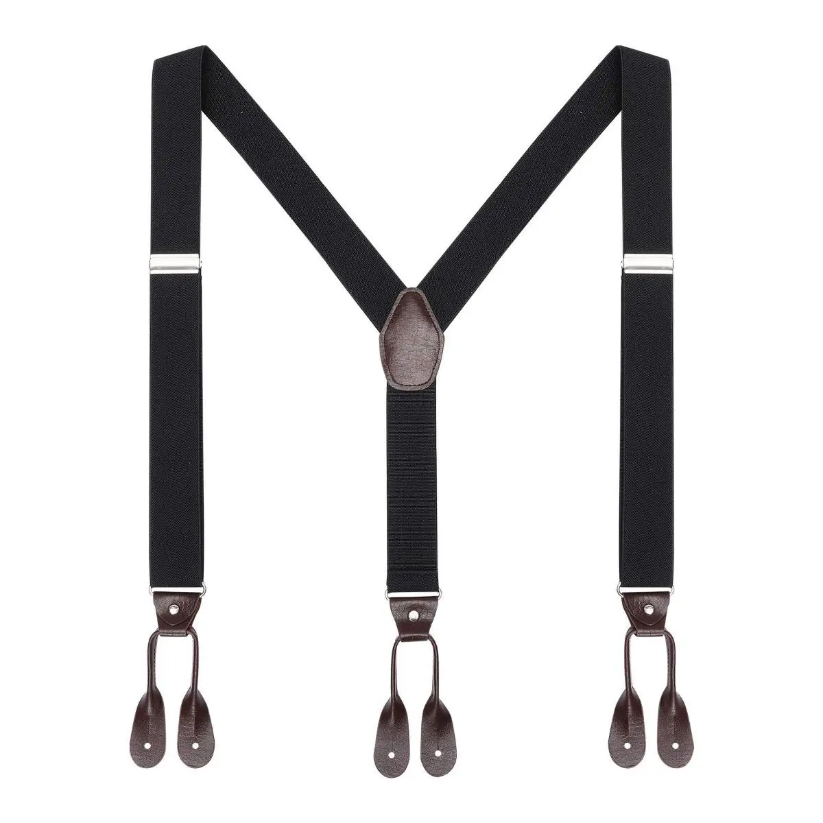 AWAYTR Men's Y-Shape Suspenders, Brown Elastic with Faux Leather Button Ends, Adjustable Length for Wedding & Tuxedo