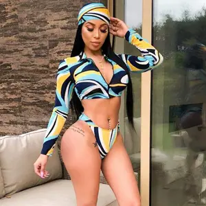 Printed split long sleeve sexy multicolor sexy swimsuit