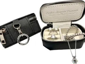 Travel Jewelry Organizer Keychain Gift Set/Small Jewelry Storage Box/Portable Ring Holder Keychain for Gym/Premium Black Leather/Complimentary Jewelry Cleaning Pen & Polishing Cloth With Lid ring and earing  Storage Case Security Accessory Compartment