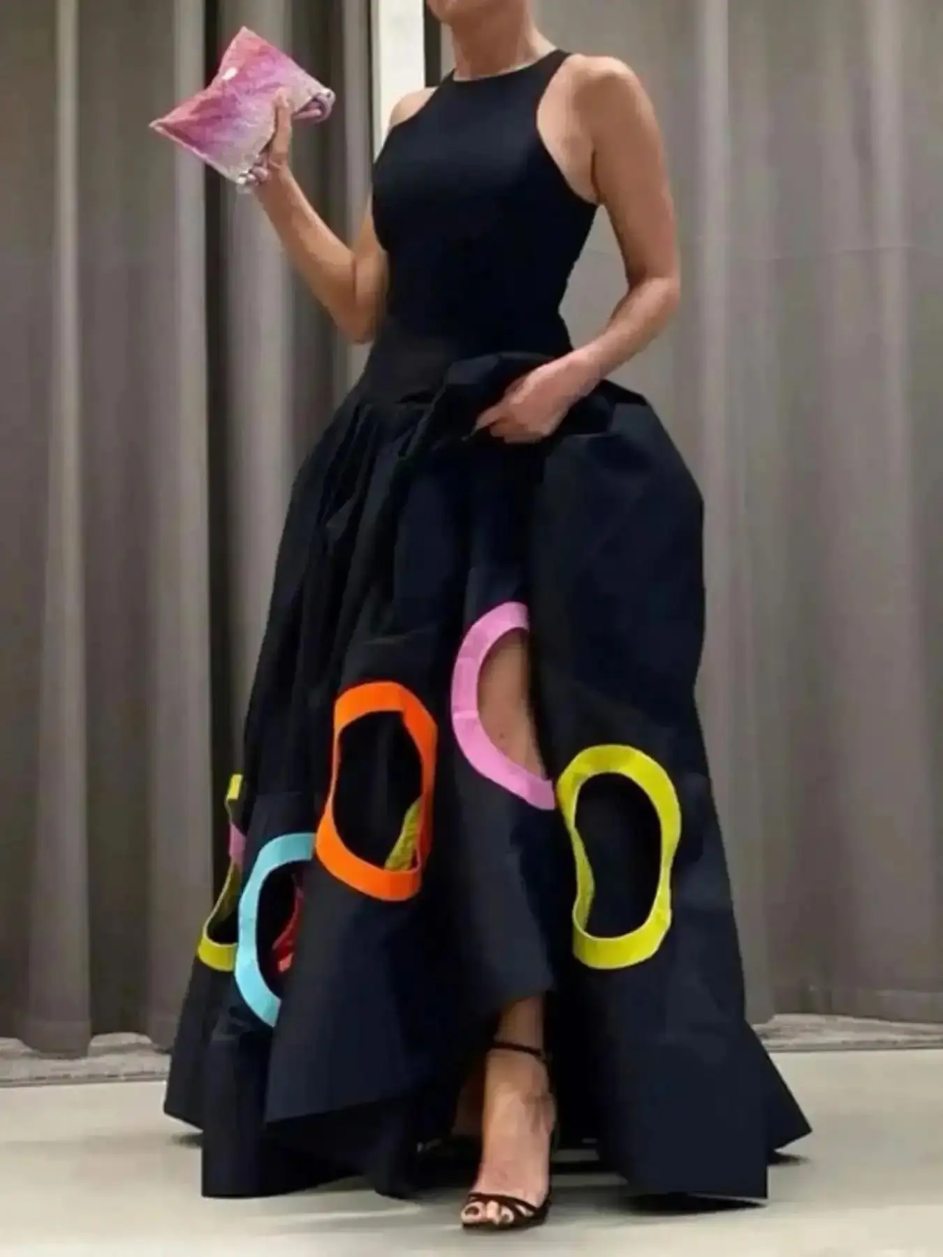 Women's Essential Colorblock Cut Out Formal Party Dress, Elegant Classy Flattering Sleeveless Dress for Club Dating Wear, Ladies Summer Clothes, Dresses, Womenswear Sweater Round Neck Straight Leg Relaxed Fit, boho style