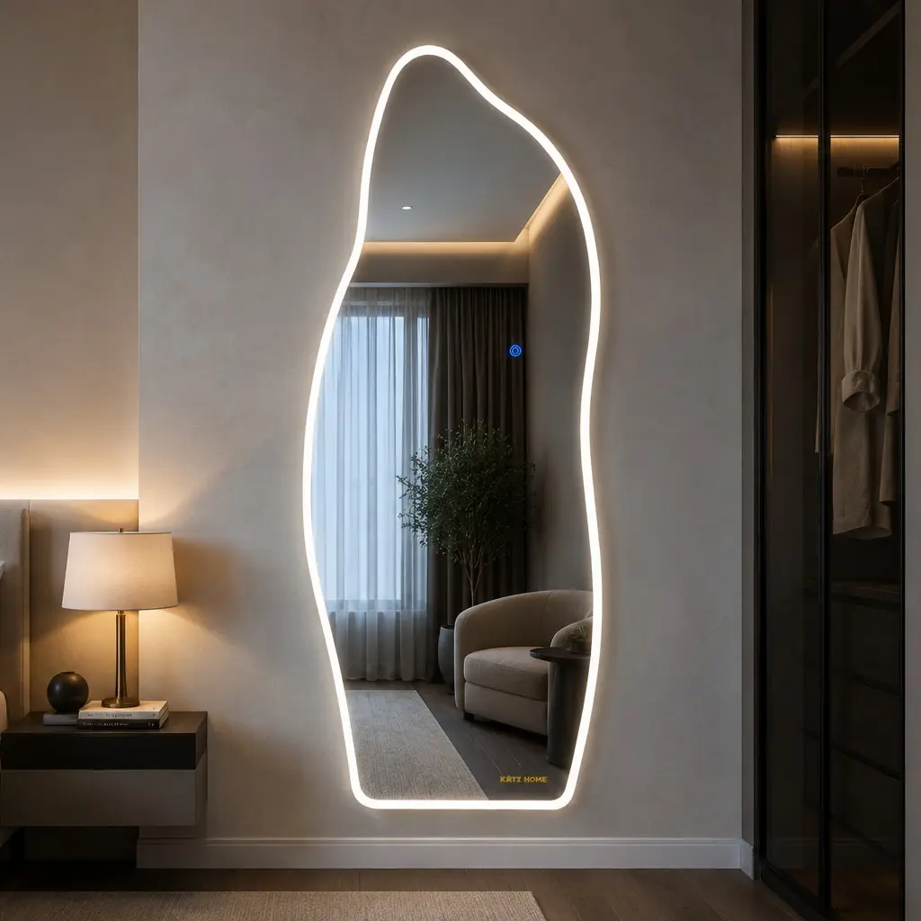 65" x 25" LED Full Length Mirror, Modern Irregular Wall Mounted Dressing Mirror with Soft Backlight, 3 Color Lighting, Touch Dimming and Tempered Glass for Bedroom, Closet, Hallway and Entryway