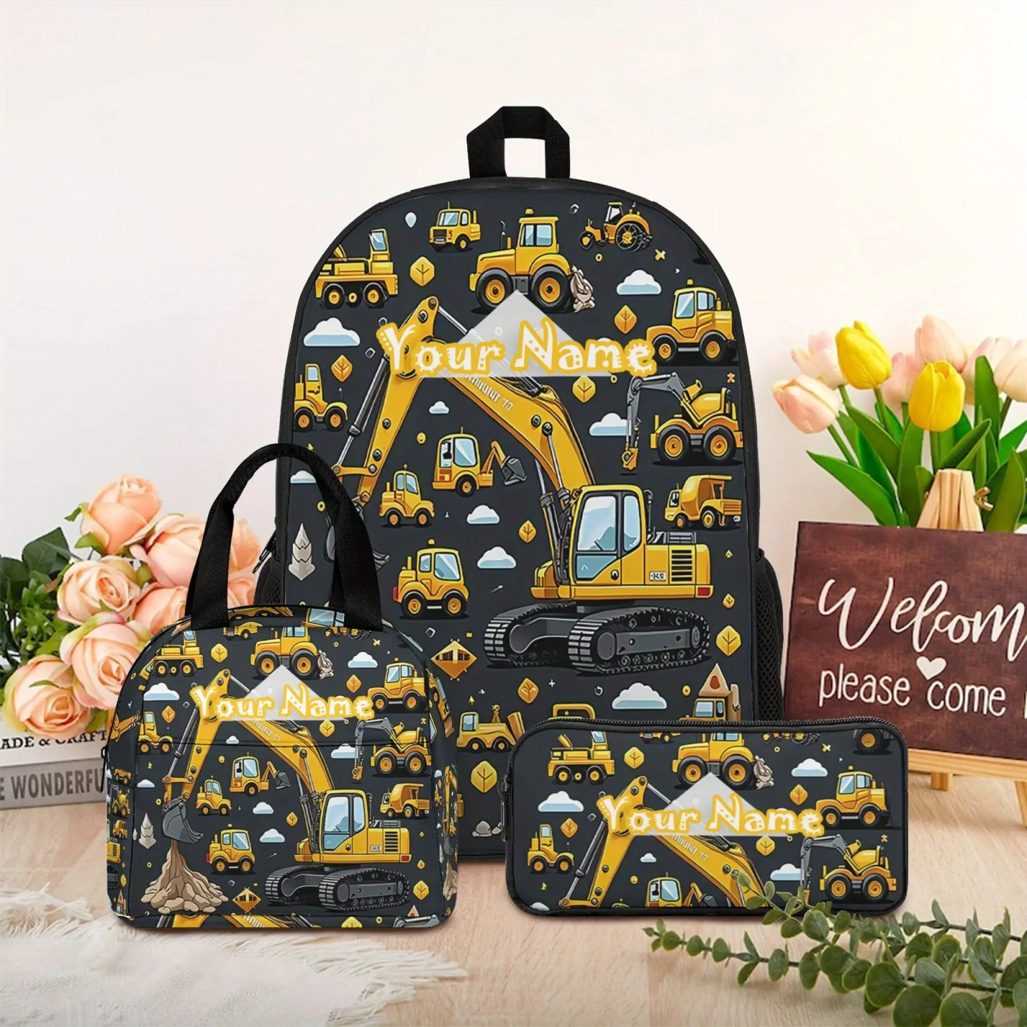 Customizable Your Names, Engineering Vehicle Pattern, 3pcs Backpack Set, Backpack Can Hold Books, Lunch Bag for Carrying Meals, The Pencil Case Can Hold Stationery, Ideal for Girls& Boys, Great for Back to School Or Travel. Not-Food Contact