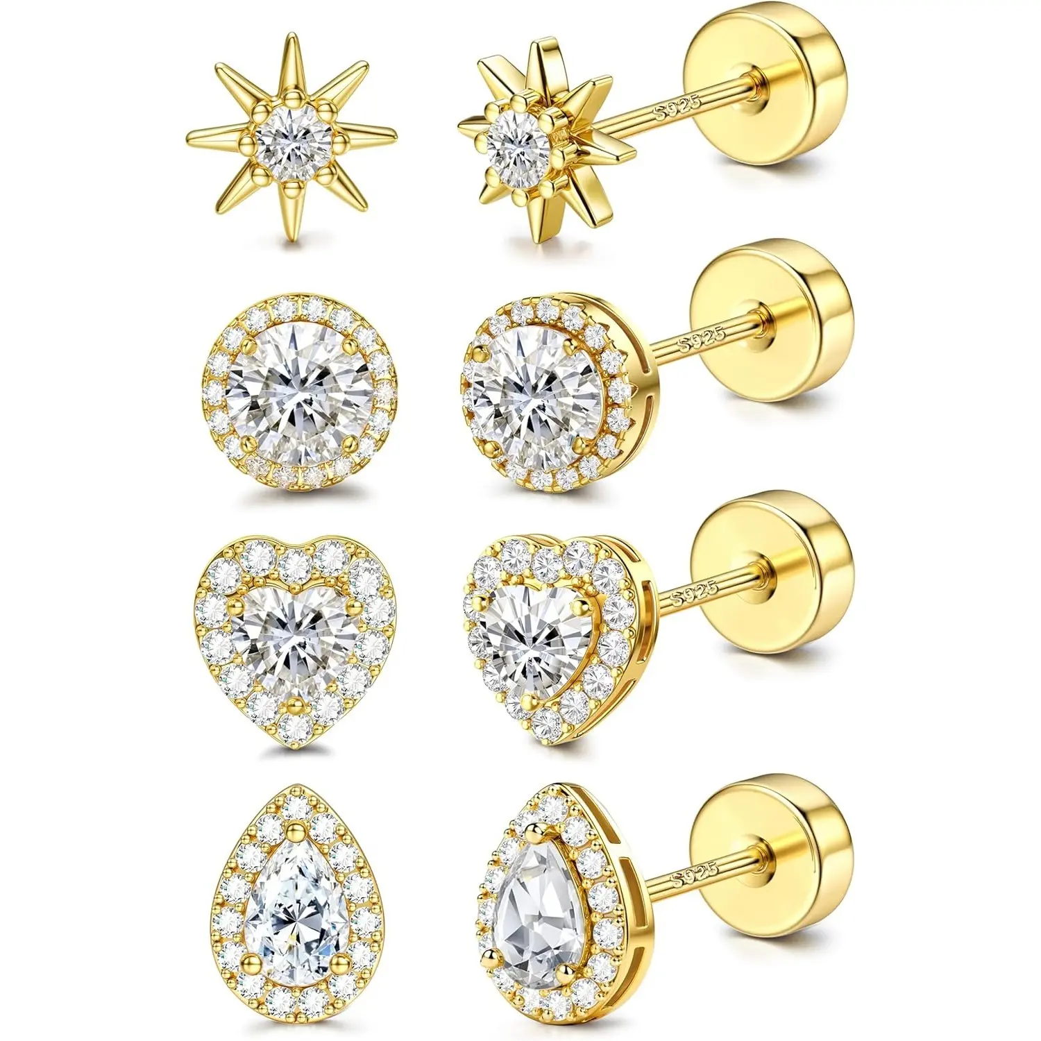 Milacolato 4-Pair 925 Sterling Silver Post Flat Back Stud Earrings Set - Hypoallergenic 20g Screw Back Helix Cartilage Conch Jewelry, CZ Round Heart Star, White Plated Gold/Silver, 6mm-10mm, Casual Everyday Unisex Stud Earrings Jewelry