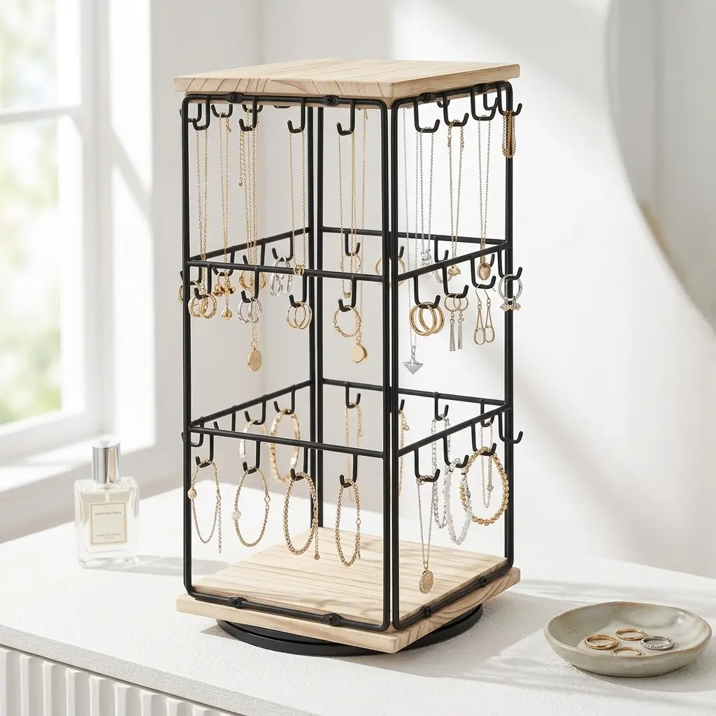 360° Rotating Earring Display Stand with 48 Hooks, Spinning Jewelry Rack Organizer for Vendors, Retail Countertop Holder for Hanging Cards, Necklaces, Bracelets & Keychains