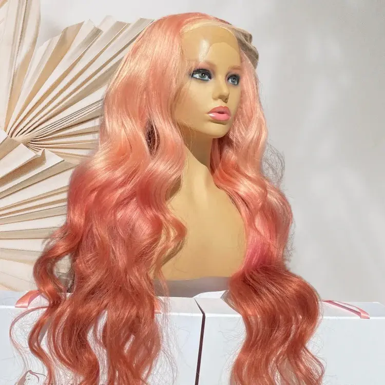 Hair Queen LA Pink Peach Ombre Wavy 13x4 Lace Front Wig, Heat-Resistant Synthetic Hair with Flexible Parting for Everyday Wear, Affordable & Unisex, Synthetic Wig