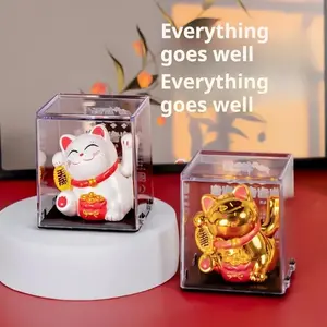 Solar Charging Maneki Neko Lucky Cat, Auspicious Feng Shui Waving Arm Cat Ornament, Traditional Chinese Fortune Cat, Home Décor, Home Office Decoration, Feng Shui Ornaments