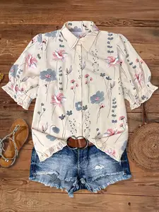 Women's Vacation Farmhouse Short Sleeve Loose Boho Button Front Shirt Blouse, Plant Floral Print, Casual Daily Wear, Travel, Date, Picnic, Summer Fashion, Casual Soft Shirt