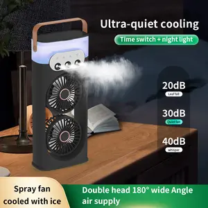 This is a dual-head portable fan with a Type-C plug, featuring a large-capacity water storage tank, scheduled shutdown, and can be used as an air cooler with a humidifying spray function. It also offers three-speed wind adjustment