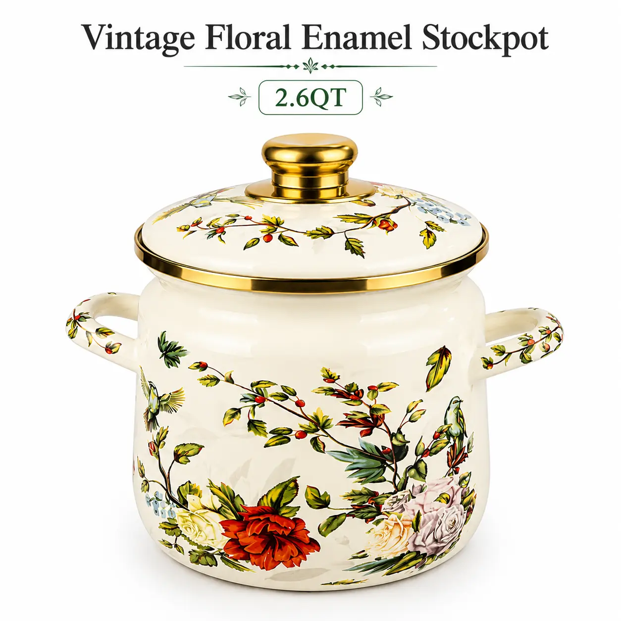 VAETTLO Vintage Floral Ceramic Enamel Stockpot - 2.6QT with Gold Trim, Part of Vintage Pots Collection, Ceramic Enamel Pots Category, With Handles Design for Cooking