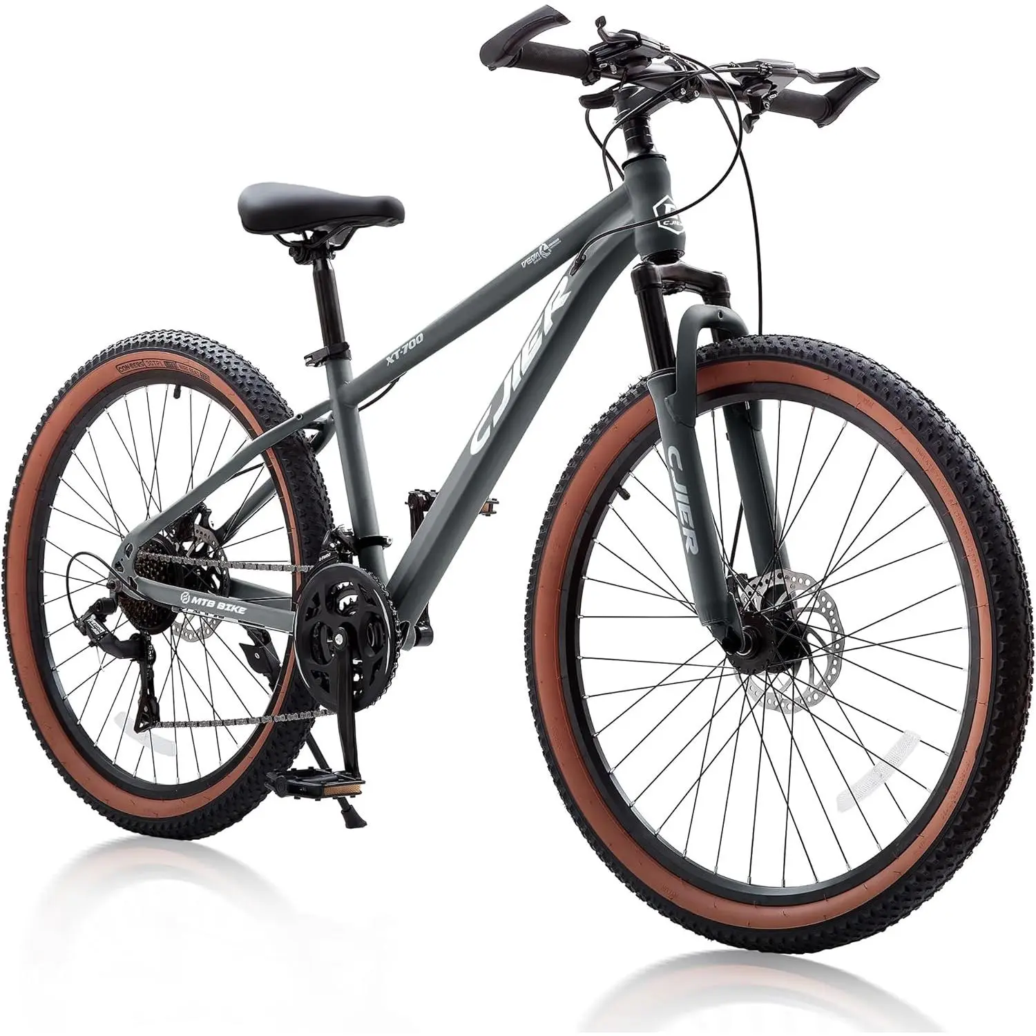 Pipleo 24/26 inch Mountain Bike for Men/Women, 21 Speeds Mountain Bike, 2.125'' Thickened Tires MTB Bicycle with Suspension Fork, Disc Brakes, Internal Wiring Frame, Auxiliary Handle (Gray, 20 inch)