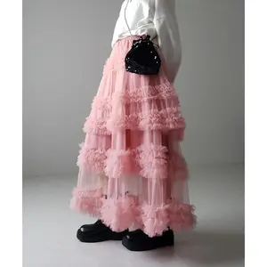 Women's Tulle A-Line Long Skirt High Waist Sheer Mesh Tiered Ruffled Skirt for Summer, Spring