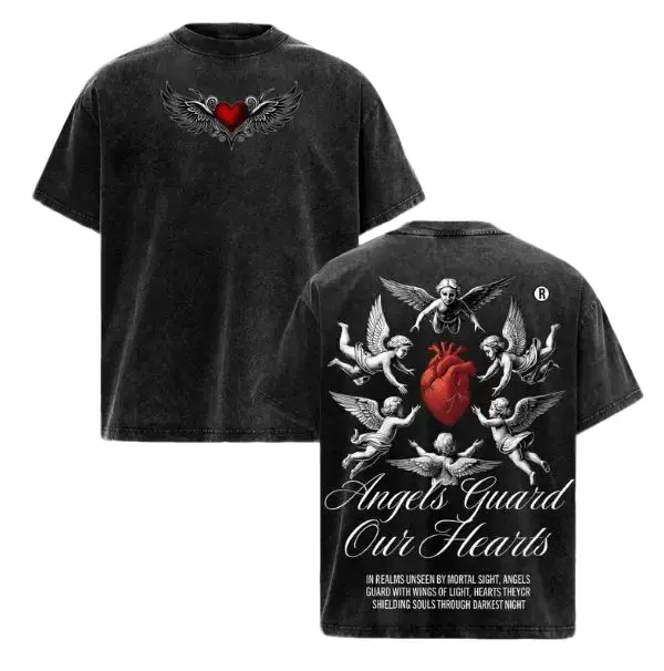 Angels Guard Our Hearts Tee | Vintage Washed Christian Oversized Shirt | Red Heart & Cphic | Faith Protection Streetwear | Divine Love Glory ThreadsJesus Apparel Christian Bible Verseherub Angel Gra