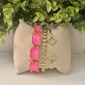 Bracelet Stack Set with Rectangular Cut Link Stretch Tennis Bracelet Clover Cuff and Barbie Pink Stackable Jewelry Pieces