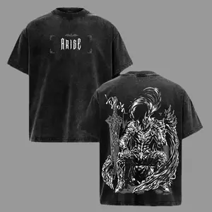 Oversized Vintage Washed T-Shirt, Men's Solo Leveling Igris Graphic Top in Heavyweight 230gsm Cotton, Loose Round Neck Anime Streetwear