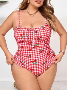 Plus Size Red Plaid Cherry Print One-Piece Swimsuit - Tie Front Beachwear