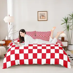 Red and White Grid Duvet Cover Set,Reversible Geometric Square Plaid Bedding Set,Room Decor,Soft Lattice Checkerd Quilt Cover,,No Comforter