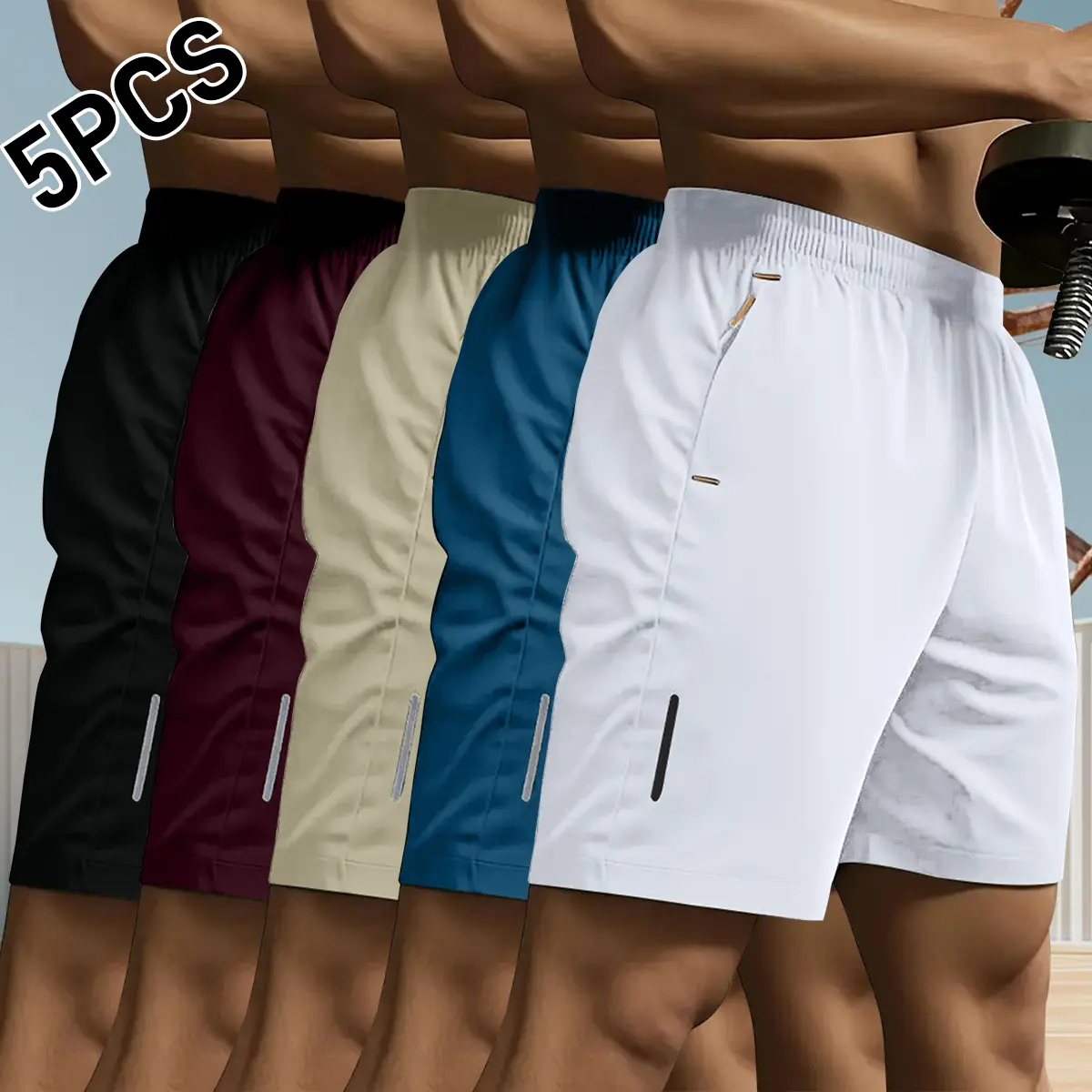 5-pack men’s athletic casual shorts in a minimalist style—comfortable for summer gym workouts, running fitness, outdoor sports, cycling, and hiking; quick-drying, minimalist sporty design. Available in multiple colors, comfortable shorts