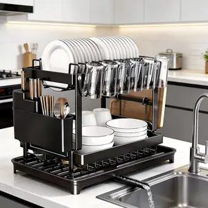 Large Capacity 2 Tier Dish Drying Rack with Cup Holders and Drain Tray for Family Kitchens organizer stainless cocina cutlery Storage Rack rustproof drainer