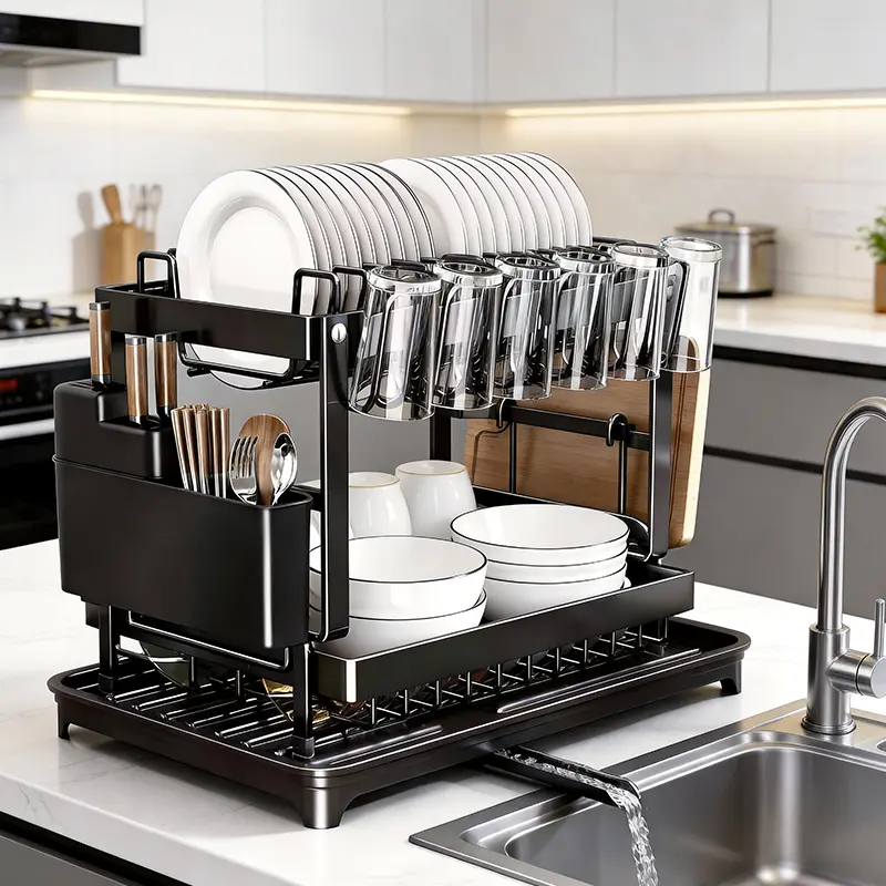 2-Tier Stainless Steel Dish Drying Rack - Large Capacity, Adjustable, Automatic Drainage, Cup Holders, Drainer with Drain Tray, Cutlery Organizer for Family Kitchens black