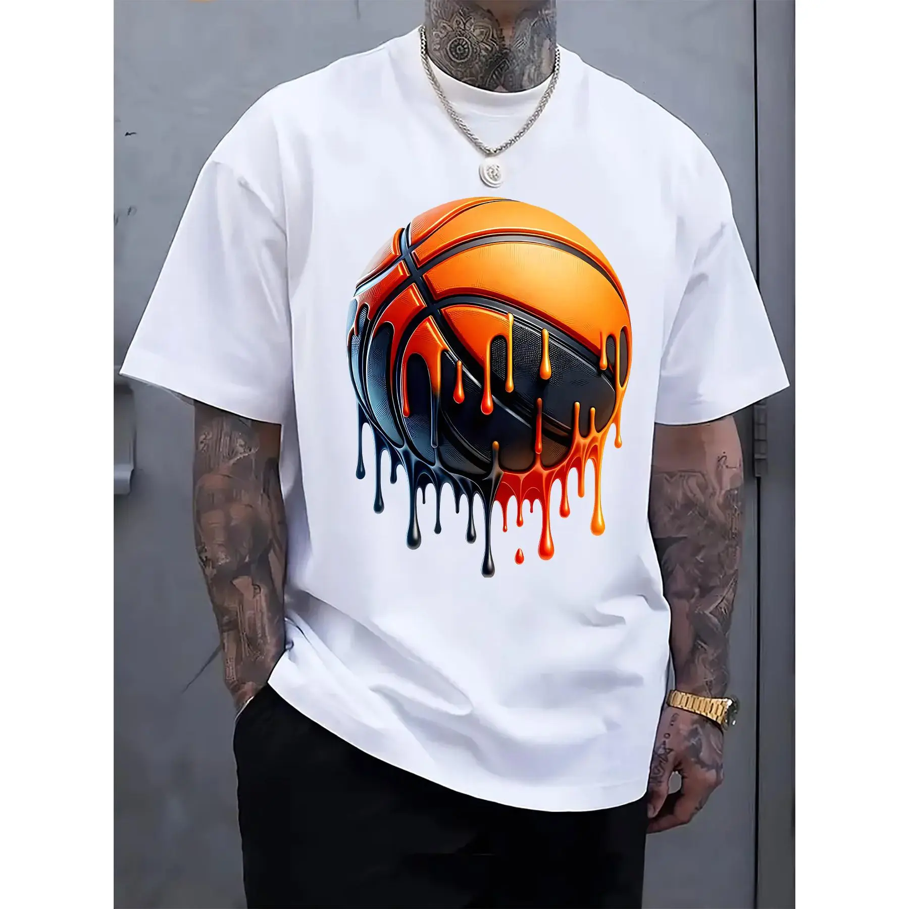 Menswear Round Neck Short-Sleeve T-Shirt - Soft Breathable Fabric, Regular-Fit All-Over Print Streetwear Top, Trendy Melting Sports Graphic, Spring Summer Wear, COD Eligible