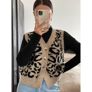Women's Leopard Print Sweater Vest, Casual Fashion Sleeveless Knitwear for Daily Wear, Ladies Clothes for All Seasons