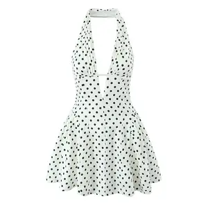 LUXEHAEVEN French Retro Polka Dot Deep V Halter Dress