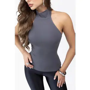 Women's T-Shirt High Neck Sleeveless Backless Top Stretch Slim Fit Off-Shoulder Base Layer Womenswear Tshirt Turtleneck Basic Minimalist