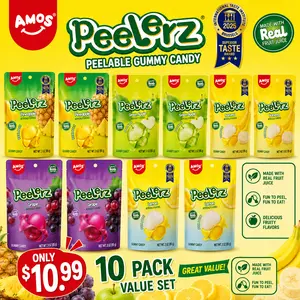 AMOS PeelErz Peelable Gummy Candy 10 Bag Value Pack, 5 Fruit Flavors, 2 Bags Each, Made with Real Fruit Juice, Fun Fruity Snacks, 3oz Each