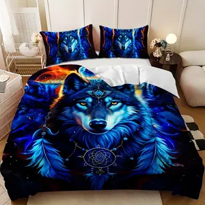 Bedding 3-piece set - 3PCS,Blue and Black Three-Headed Wolf Flame Starry Sky Design Down Comforter Set (1 comforter cover + 2 pillowcases, filling not included) - soft and comfortable, suitable for family bedrooms.