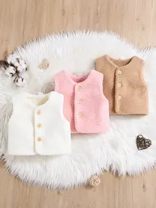Autumn Winter Baby Girl Outerwear Vest Set, Cute Button Front Round Neck Sleeveless Top, 3 Piece Set for 6-36 Months