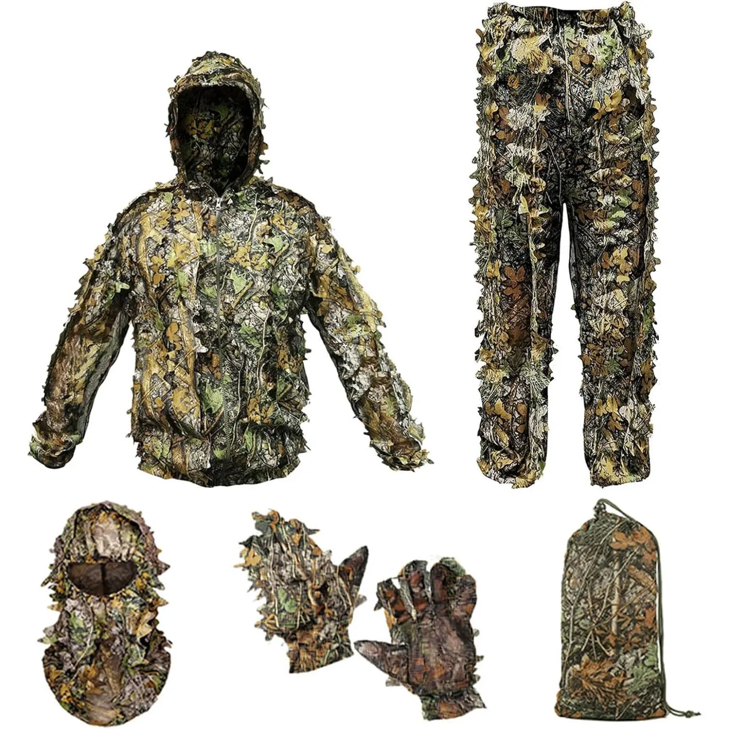 Adult 3D Leaf Camouflage Ghillie Suit - Full Camo Hunting Suit with Hood, Lightweight, Breathable Sniper Wear for Hunting, Airsoft