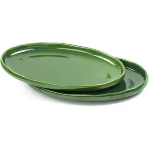 Ceramic Serving Platter Tray -  Oval 14.5 Inch Porcelain Dinner Plates Long Serving Dish Set - for Party Restaurant  Meat Sushi Fish Turkey Platter - Green