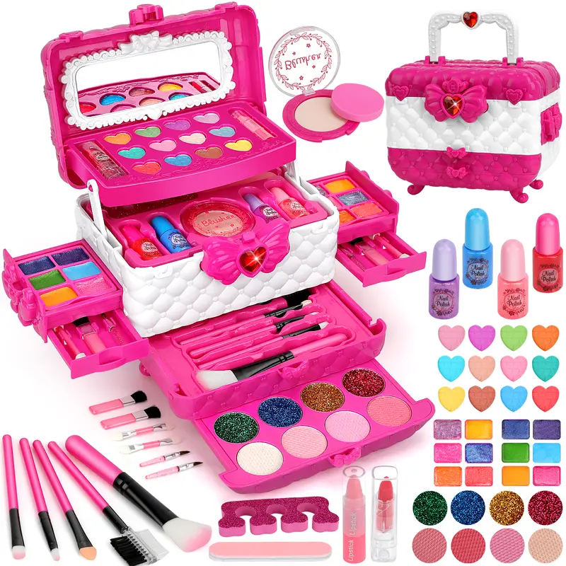 Girls' Washable Pretend Play Cosmetics Kit - Miniature Set, Child Safe Plastic, PVC Free, Easy Clean, Ideal for Ages 3-12, Birthday-Holiday Gifts, Pretend Play Item