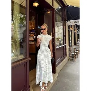 Women's Elegant White Polka Dot Midi Dress, Vintage French Style Fitted Waist Flared Skirt, Stylish Autumn Fall Fashion Outfit, Perfect for Café Photos, Parisian Street Style, Holidays and Special Occasions