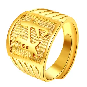 OIDEA Gold-Tone Adjustable Open Brass Chinese Fortune Ring for Men, Gold-Tone Modern Medallion Ring with Engraved Letters, Gold Rings, Engraved Letter Rings