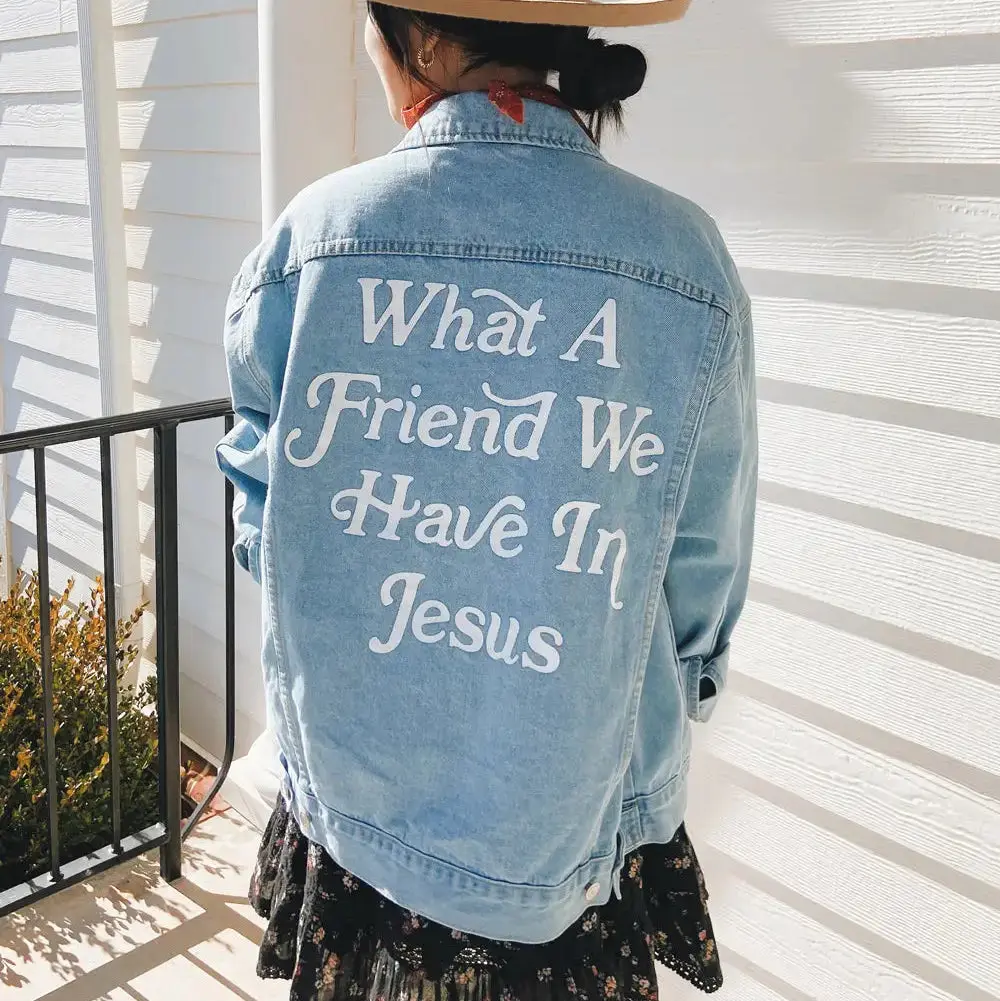 Women's 100% Cotton Oversized Denim Jacket - Casual Light Blue Coat with Pocket, "What a Friend In Jesus" Embroidery, Back Waist Tabs for Adjustable Fit, Button Closure, EF Logo Buttons, Loose-Fitting Women's Top, Piece, Outerwear, Tops, Clothes, Long Sle