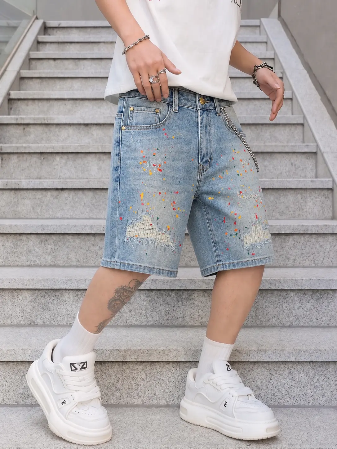 Men's Paint Splatter Denim Shorts, Loose-Fit Distressed Streetwear Bottoms with Ripped Details in Light Wash Cotton, Menswear, Fabric, Classic, Graphic, Casual