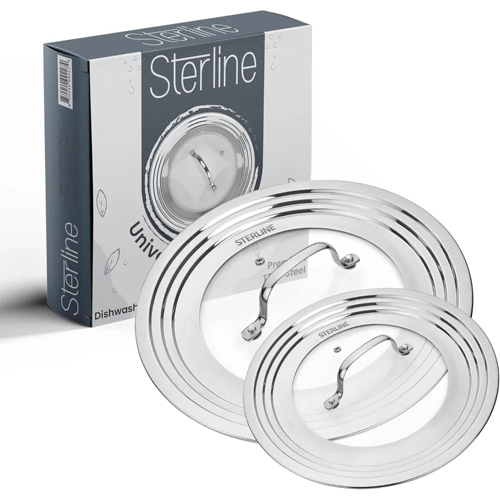 Sturdy Universal Pot Lid Set of 2 - Tempered Glass Tops with Vent, Stainless Steel Covers (Large & Small), Prevents Cracking, Fits 5-12 in Pots/Pans/Skillets, Kitchen Food Cover for Simmering & Space Saving