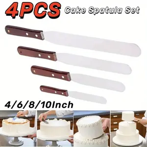 4PCS Cake Icing Spatula Set 4” 6” 8” 10” Professional Stainless Steel Cake Decorating Frosting Spatulas with Wooden Handle (Straight) Multifunction
